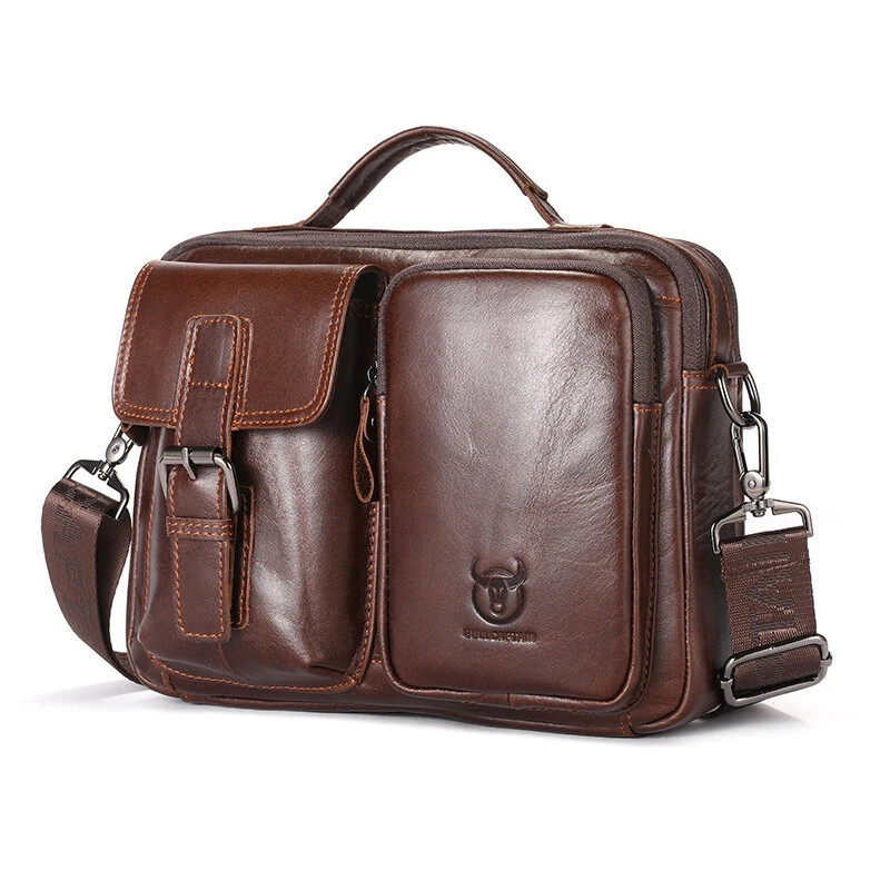 (image for) BULLCAPTAIN Genuine Leather Mens Shoulder Bag Business Crossbody Bag Male Briefcase Messenger Bag Men's Casual Handbags Vintage Flap Clutch Purse Tote